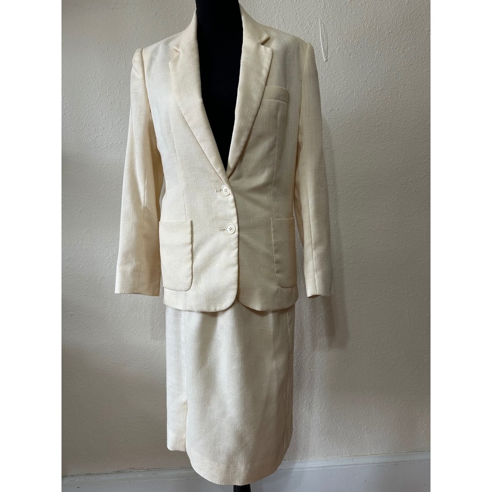 Vintage Cream Textured Skirt Suit Two Piece Blazer and Pencil Skirt Set